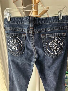 VINTAGE Y2K BEBE Dark Navy Blue Bootcut Low Rise Jeans Denim Crystals Size 29